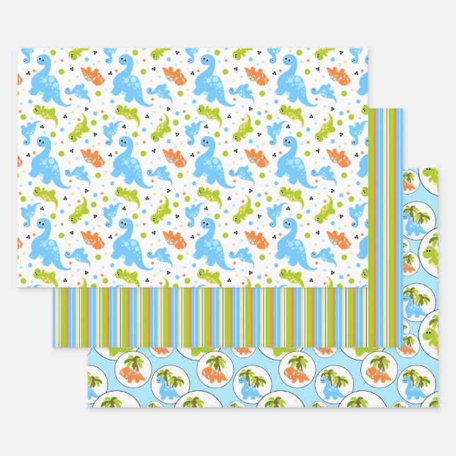 Feuille De Papier Cadeau Dinosaure de coordination verte, orange, bleu (Lot)