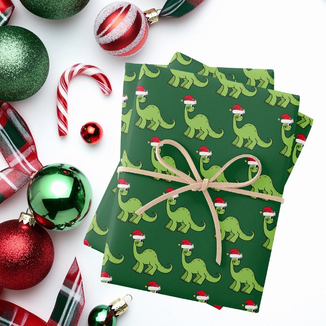 Feuille De Papier Cadeau Dinosaure de Noël pour les petits Père Noël Green  (Créateur téléchargé)