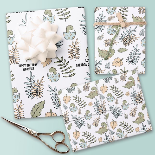 Feuille De Papier Cadeau Dinosaure Dinosaure bleu vert Nom du garçon (Cute Cartoon Dinosaur Blue Green Boy Name Wrapping Paper Sheets)