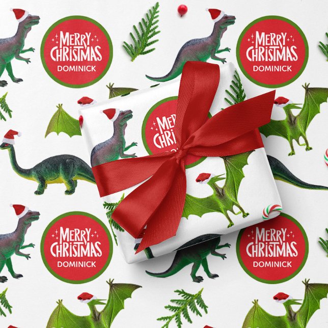 Feuille De Papier Cadeau Dinosaure Nom personnalisé Noël (Créateur téléchargé)