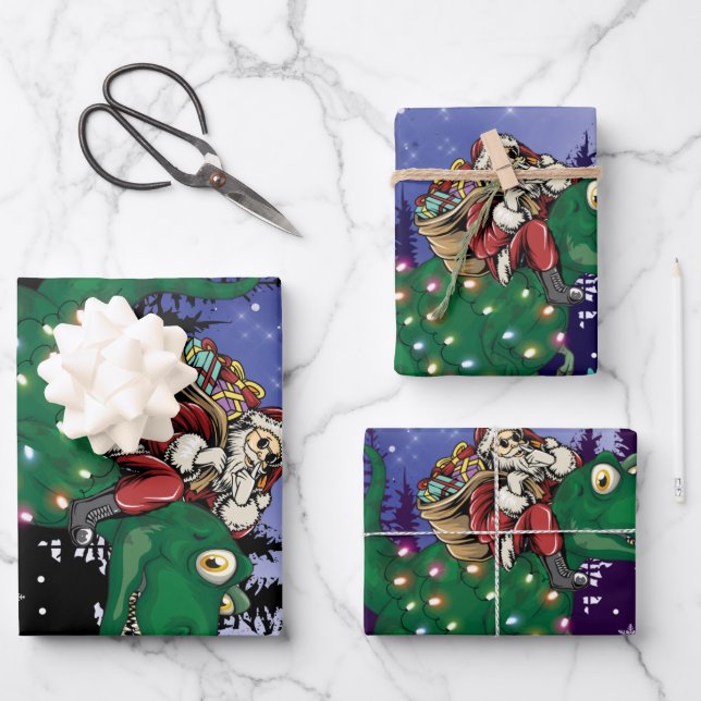 Feuille De Papier Cadeau Dinosaure Santa Claus (Recto)