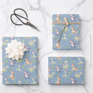 Feuille De Papier Cadeau Dinosaures aquarelle sur bleu gris