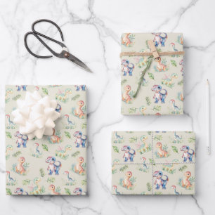 Feuille De Papier Cadeau Dinosaures aquarelle sur gris jaune
