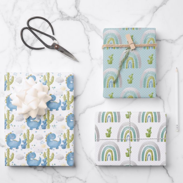 FEUILLE DE PAPIER CADEAU DINOSAURES ET COUVERTS BLEU TURQUOISE (Recto)