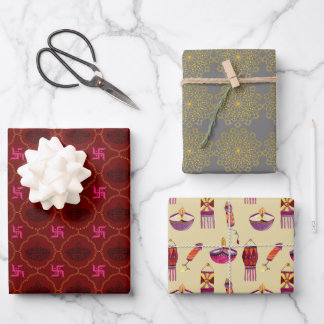 Feuille De Papier Cadeau Diwali, cadeau à motif indien enveloppant 3 feuill