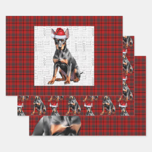 Feuille De Papier Cadeau Doberman Pinscher Noël Chien et Carreaux Rouges