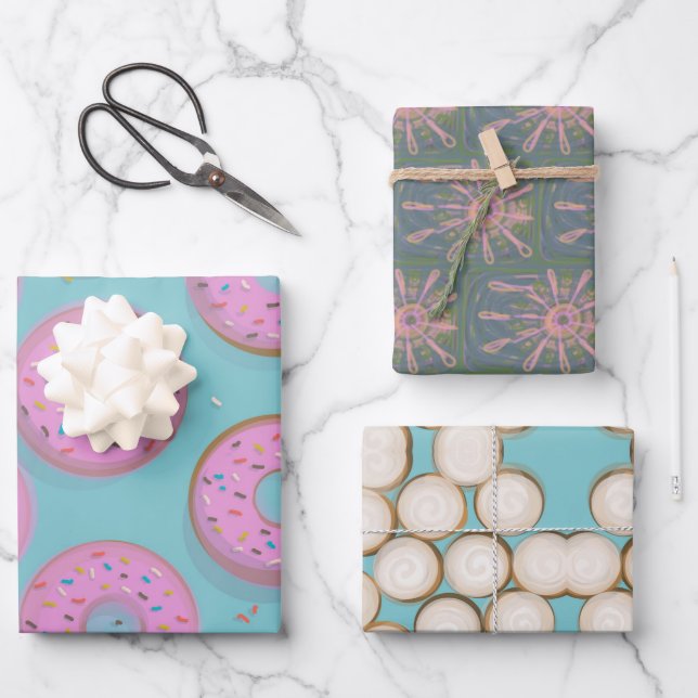 Feuille De Papier Cadeau DONUTS CINNAMON SWIRLS and SKETCHY FLOWERS (Recto)