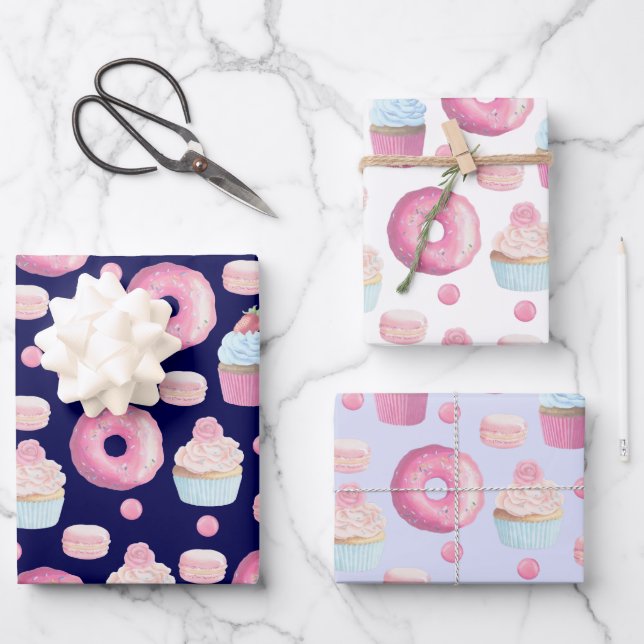 Feuille De Papier Cadeau Donuts, cupcakes et macarons (Recto)