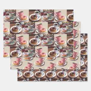 Feuille De Papier Cadeau Donuts vintages et café Anniversaire