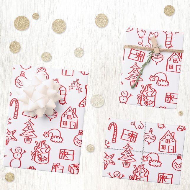 Feuille De Papier Cadeau Doodle de Vacances Rouge et Blanc (Fun Christmas holiday scribble doodle illustration red and white gift wrapping paper)