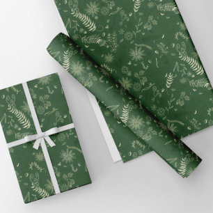 Feuille De Papier Cadeau Doodle floral ivoire sur fond vert