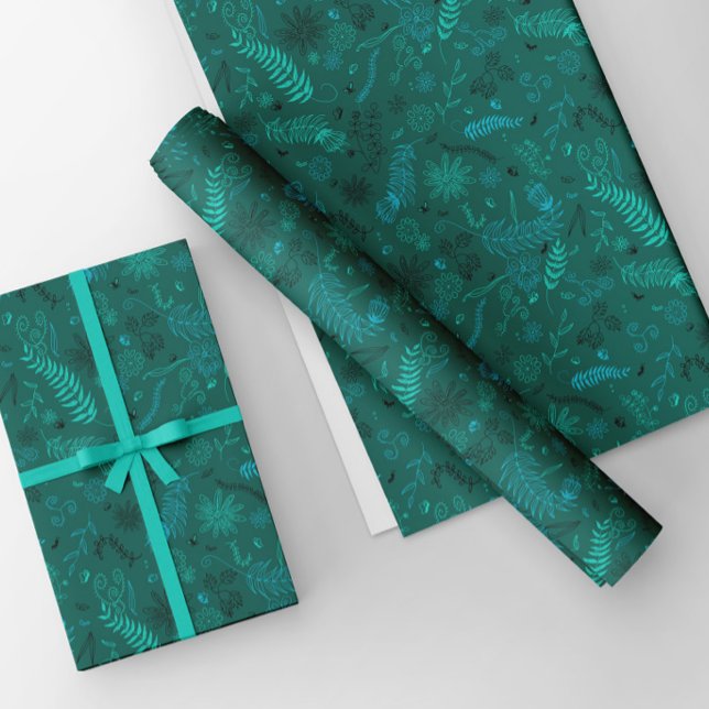 Feuille De Papier Cadeau Doodle floral turquoise sur vert (Créateur téléchargé)