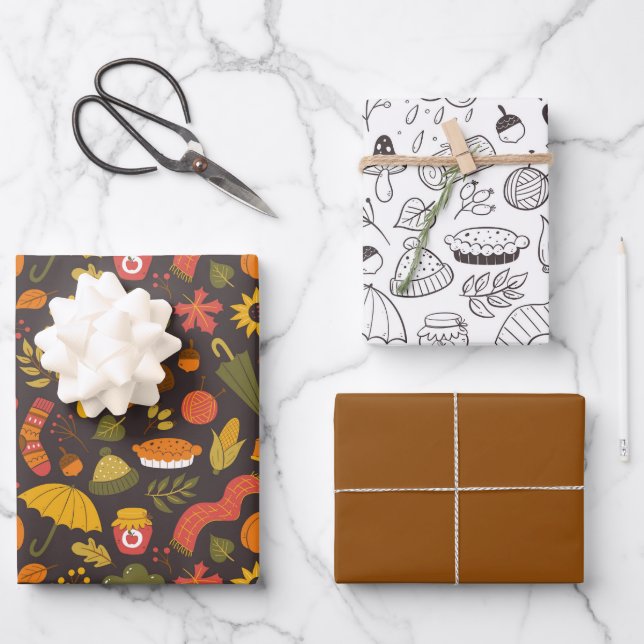 Feuille De Papier Cadeau Doodle Mignon Automne (Recto)