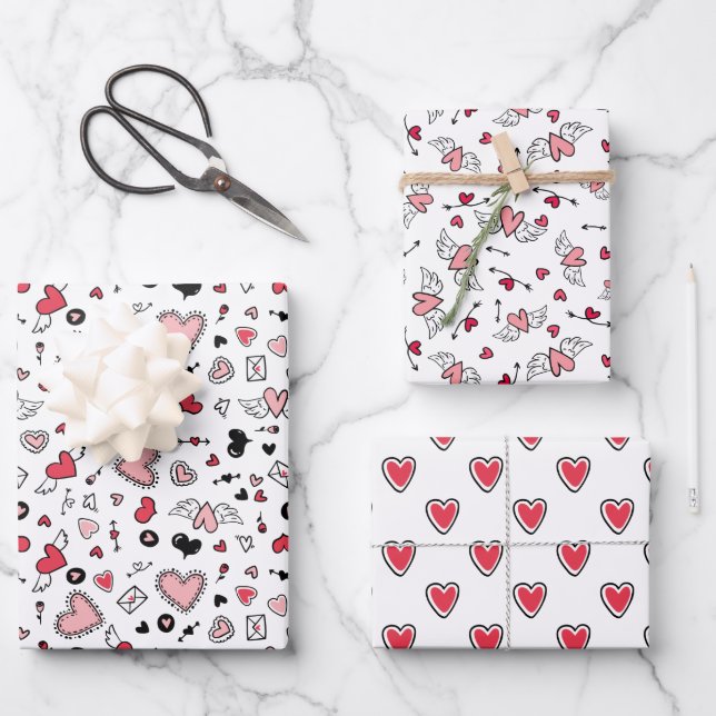 Feuille De Papier Cadeau Doodled Pink Heart Motifs Love Valentine's Day (Recto)