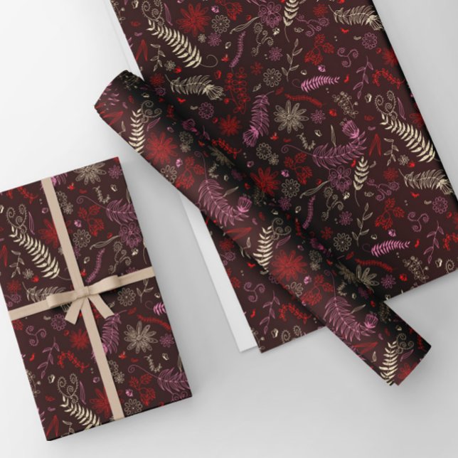 Feuille De Papier Cadeau Doodles floraux roses et ivoire en marron. (Créateur téléchargé)