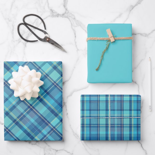 Feuille De Papier Cadeau Dos, Plaid Bleu & Jaune (Recto)