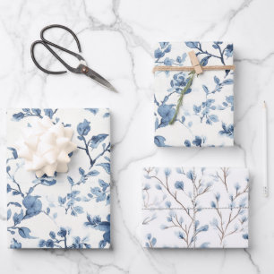 Feuille De Papier Cadeau Douce Mariée Fleurie Bleue Blanche