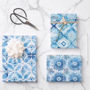 Feuille De Papier Cadeau Douce Mariée Fleurie Bleue Blanche Batik