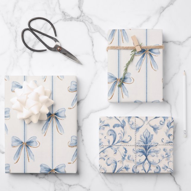 Feuille De Papier Cadeau Douce Mariée Rubans Bleus (Recto)