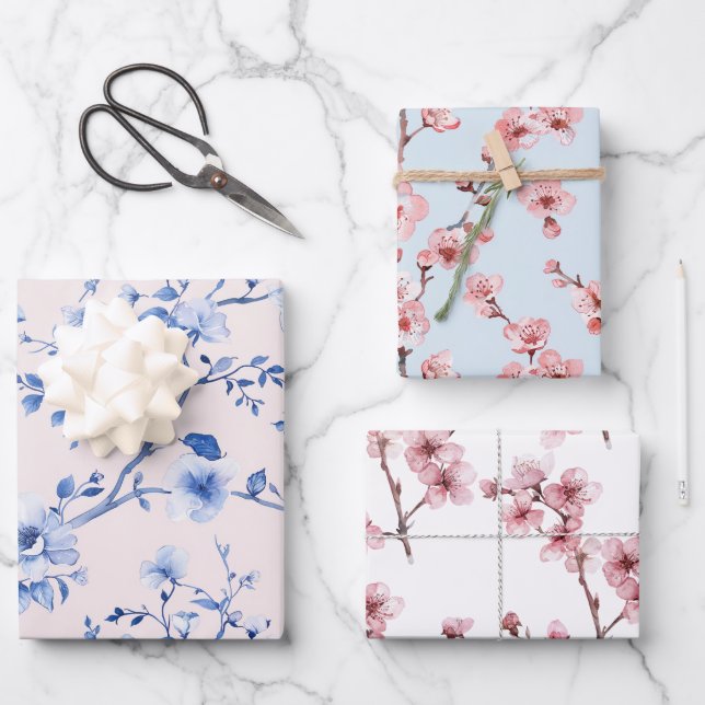 Feuille De Papier Cadeau Douce Réception de Mariage Florale Bleue (Recto)