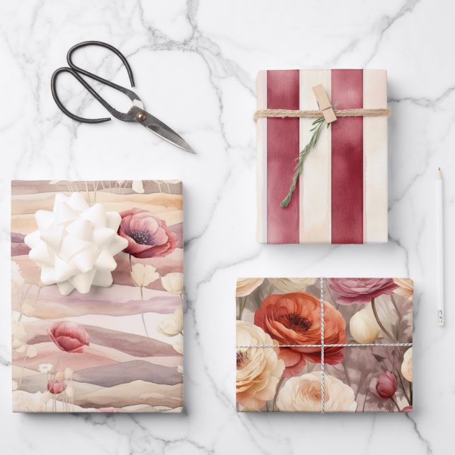 Feuille De Papier Cadeau Douce Robe de Mariée Fleurie Rose Bourguignon (Recto)