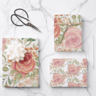Feuille De Papier Cadeau Doux Orange Clair Et Roses Rougeâtre Aquarelle