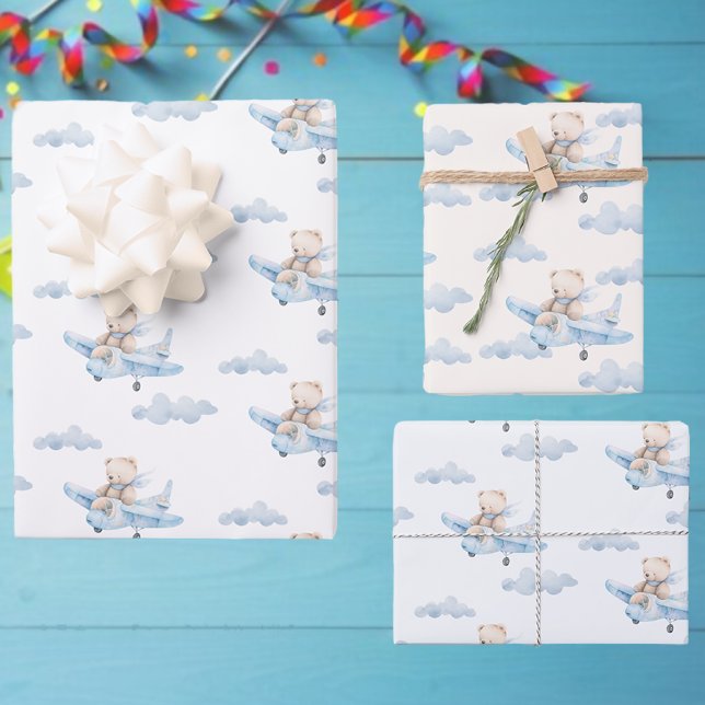 Feuille De Papier Cadeau Doux ours en peluche dans un avion (Créateur téléchargé)