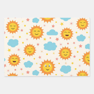 Feuille De Papier Cadeau Doux soleil souriant avec nuages et étoiles Patter