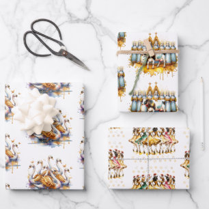 Feuille De Papier Cadeau Douze Jours de Noël Or Festif