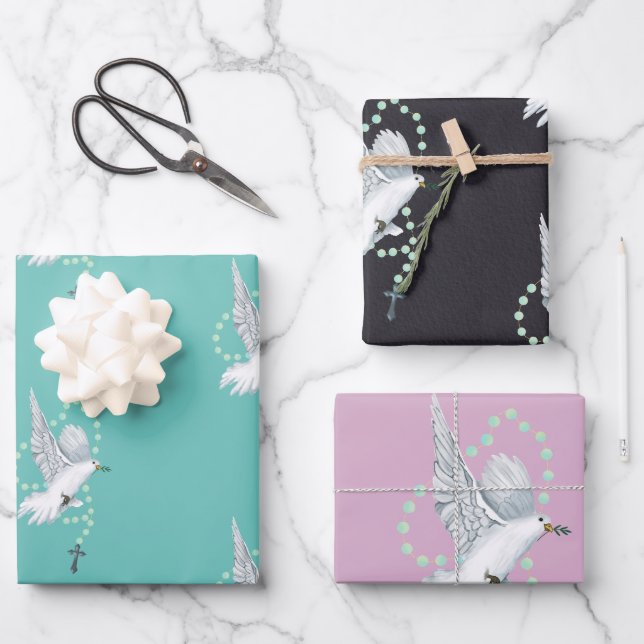 Feuille De Papier Cadeau Dove blanche avec Rosaire (Recto)