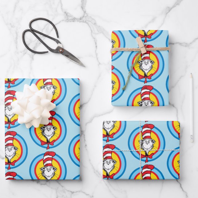 Feuille De Papier Cadeau Dr. Seuss | Graphisme de tête de Chat dans le Chap (Recto)