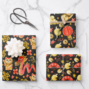 Feuille De Papier Cadeau Dragon & Chat qui agite la patte   Nouvel An Chino