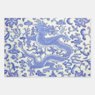 Feuille De Papier Cadeau Dragon chinois bleu et blanc découpage floral