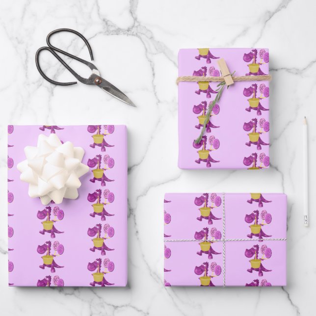 Feuille De Papier Cadeau Dragon Violet Avec Cupcake Et Ballons   (Recto)