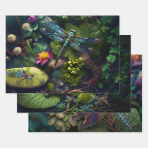 Feuille De Papier Cadeau Dragonflies dans des jardins colorés envelopper pa