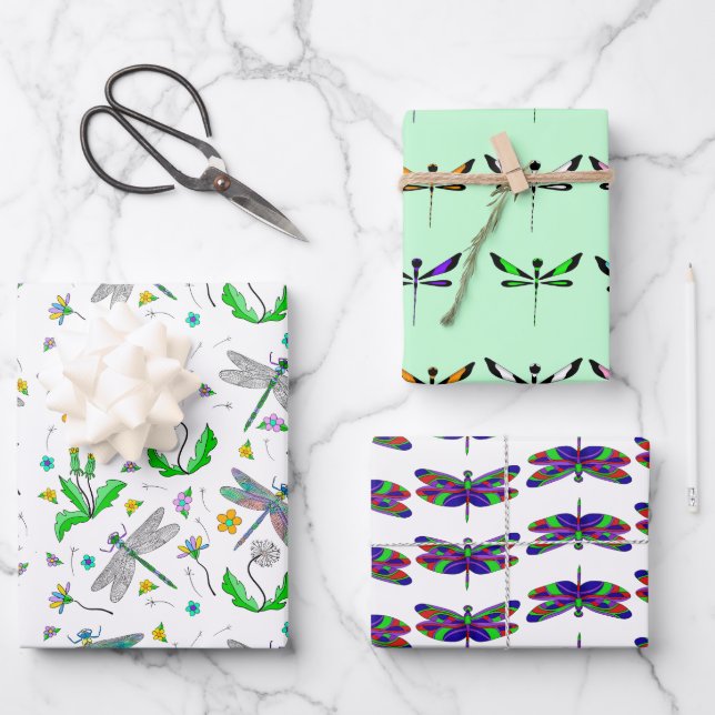 Feuille De Papier Cadeau Dragonflies Whimsical et Dandelions main tiré (Recto)