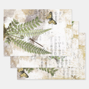 Feuille De Papier Cadeau Dragonfly Fern Butterfly Bird Music Gold Decoupage