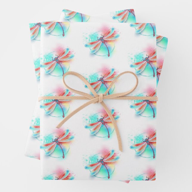 Feuille De Papier Cadeau Dragonfly rouge sur l'arrière - plan aquarelle (En situation)