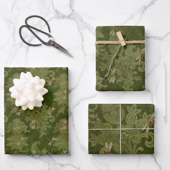 Feuille De Papier Cadeau Dragonlies vertes vintages (Recto)