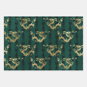 Feuille De Papier Cadeau Dragons d'or sur Green