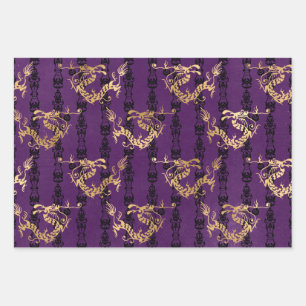 Feuille De Papier Cadeau Dragons d'or sur violet