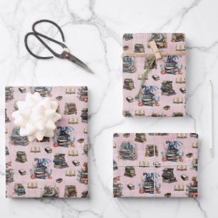 Feuille De Papier Cadeau Dragons Magiques & Livres sur Gris Clair-Rose