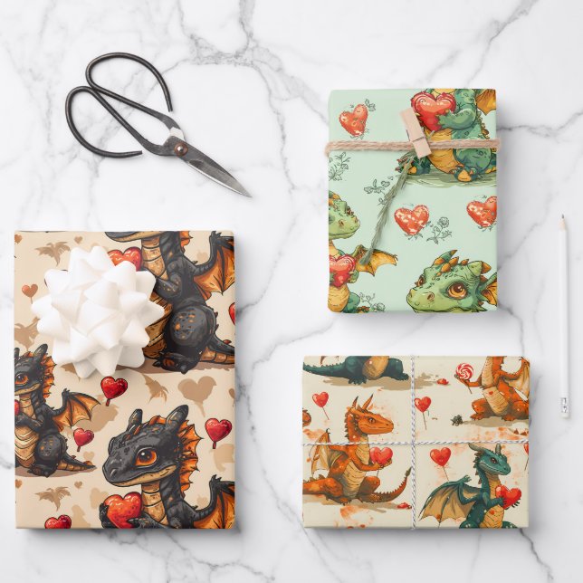 Feuille De Papier Cadeau Dragons tenant des coeurs Saint-Valentin (Recto)