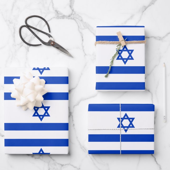 Feuille De Papier Cadeau Drapeau Israël bleu et blanc Étoile de David motif (Recto)