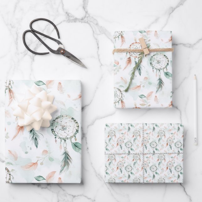 Feuille De Papier Cadeau Dreamcatchers et Feathers Pastel (Recto)
