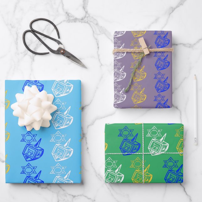 Feuille De Papier Cadeau Dreidels + Stars (Recto)