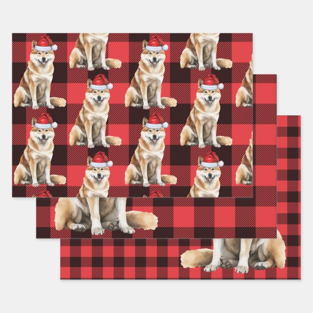 Feuille De Papier Cadeau Drôle Akita Noël Chien Buffalo Plaid (Lot)
