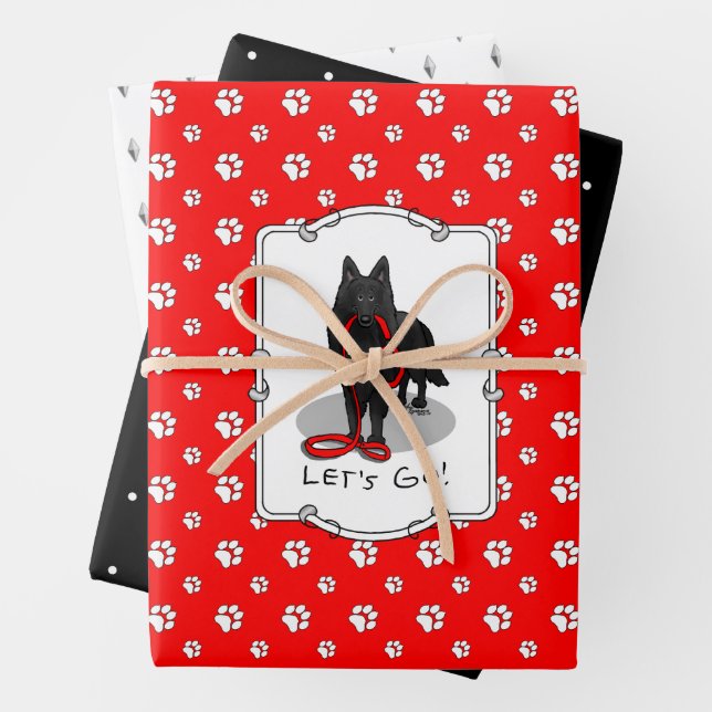 Feuille De Papier Cadeau Drôle Allons-y ! Marche Berger belge (noir 1) (En situation)