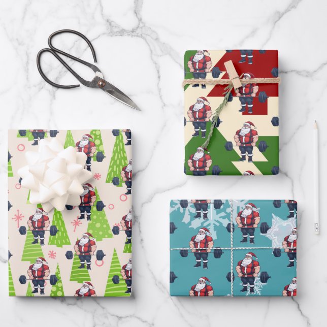 Feuille De Papier Cadeau Drôle Fitness Noël Vies de Noël Barbell Père Noël (Recto)