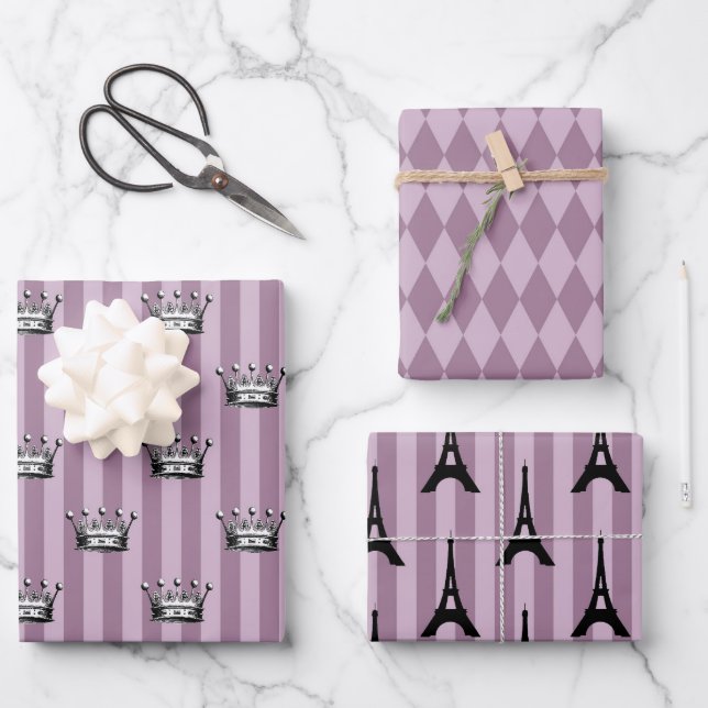 Feuille De Papier Cadeau Dusky Purple et Black Paris (Recto)